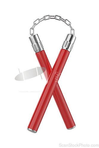 Image of Red nunchaku with chain