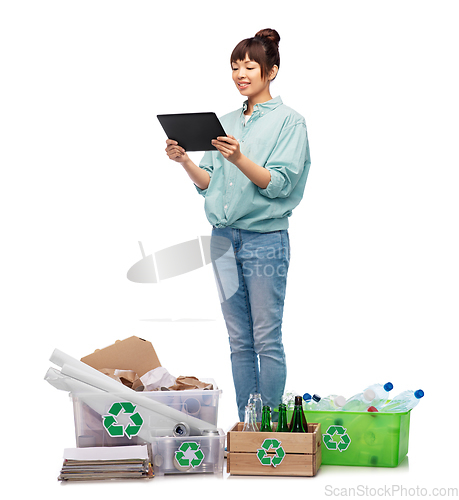 Image of smiling asian woman with tablet pc sorting waste