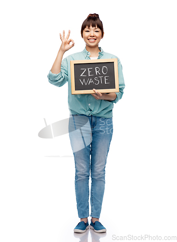 Image of asian woman holds chalkboard with zero waste words