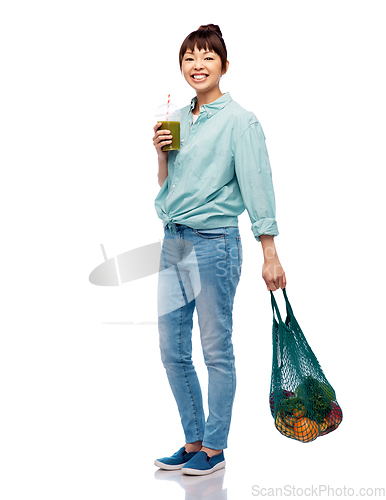 Image of asian woman with drink and food in reusable bag