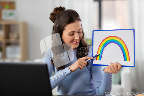 Image of teacher with laptop having online class at home