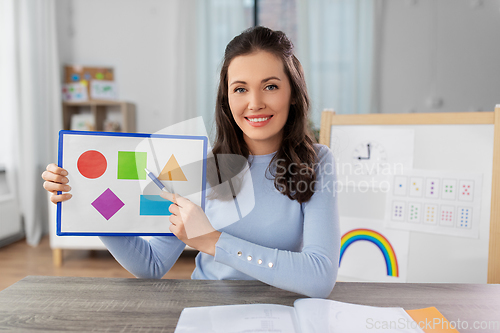 Image of teacher showing shapes in online class at home