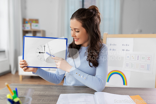 Image of teacher with clock having online class at home
