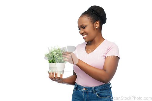 Image of happy smiling african woman holding flower in pot