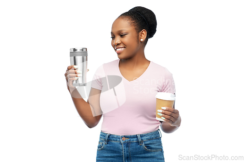 Image of woman with coffee cup and tumbler for hot drinks