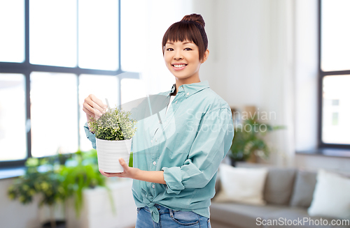 Image of happy smiling asian woman holding flower in pot