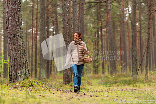 Image of young woman picking mushrooms in autumn forest