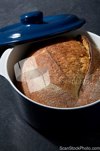 Image of homemade craft bread in ceramic baking dish