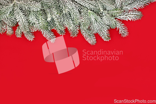 Image of Christmas Winter Fir and Snow Red Background Border  