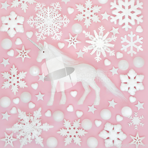 Image of Mythical Unicorn with Snowflakes and White Tree Baubles