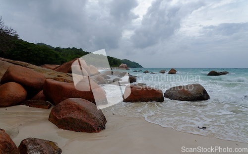 Image of Tropical beach Anse Georgette at Praslin island, Seychelles, on cloudy day 