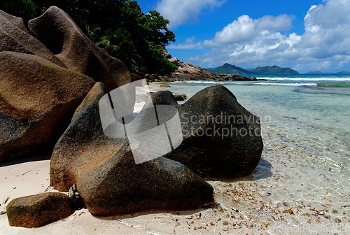 Image of Scenic granite rocks and ocean at Anse Severe  beach on La Digue island, Seychelles