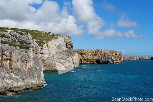 Image of Scenic rocks on Atlantic coast near Cabo de Sao Vicente Cape in the Algarve, Portugal, on bright summer day
