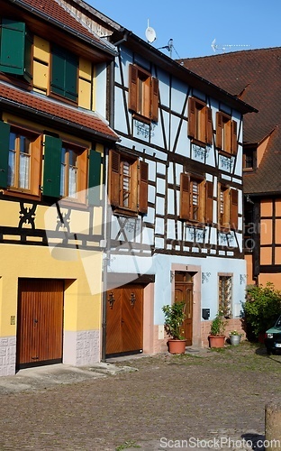 Image of Nice blue fachwerkhaus, or timber framing house, in Alsace, France