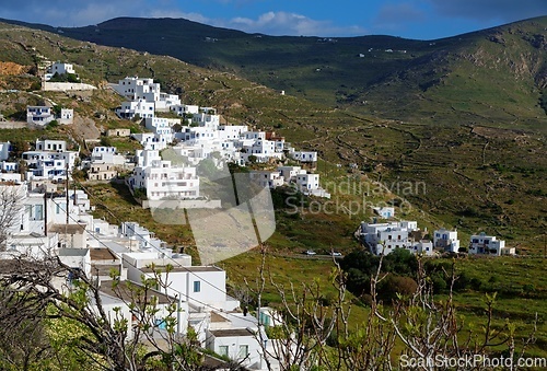 Image of Dramatic view of the town of Chora in Serifos island, Greece under cloudy sky