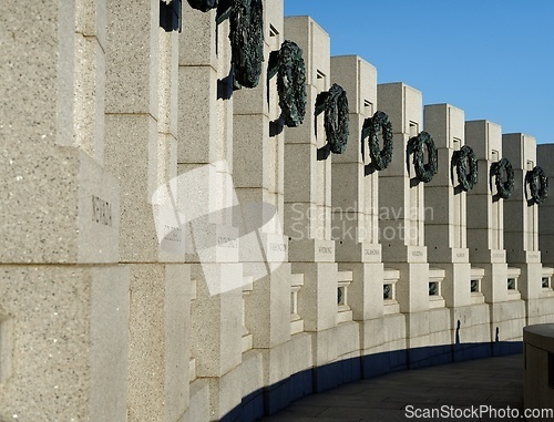 Image of Detail of World War II memorial in Washington DC: pillars representing states