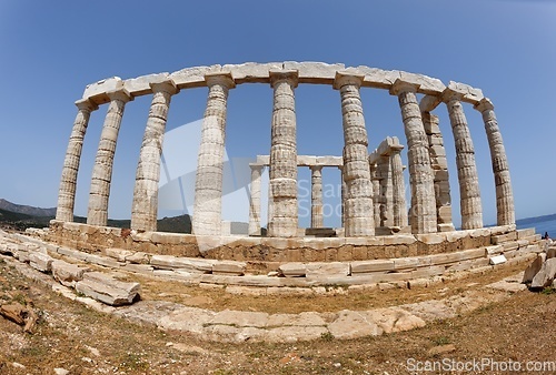 Image of Fisheye view of ruins of the Temple of Poseidon at Cape Sounion near Athens, Greece. c 440 BC