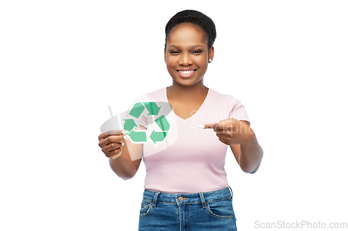 Image of smiling asian woman holding green recycling sign