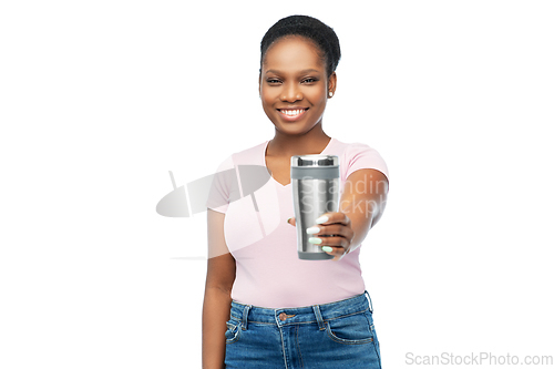 Image of woman with thermo cup or tumbler for hot drinks