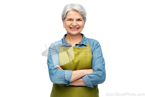 Image of portrait of smiling senior woman in garden apron