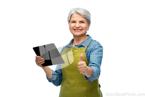 Image of happy senior woman in garden apron with tablet pc