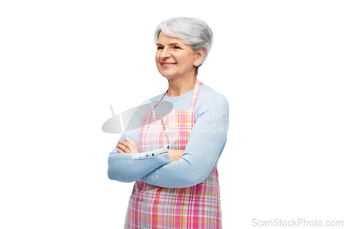 Image of portrait of smiling senior woman in apron