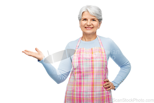 Image of portrait of smiling senior woman in apron