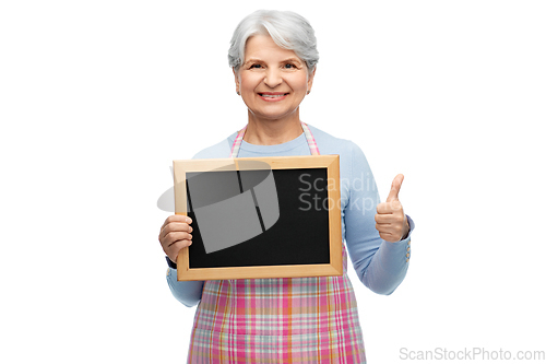 Image of old woman in apron with menu showing thumbs up