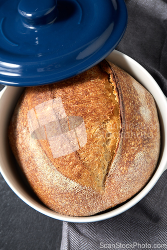 Image of homemade craft bread in ceramic baking dish