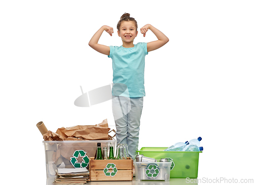 Image of happy girl sorting paper, metal and plastic waste