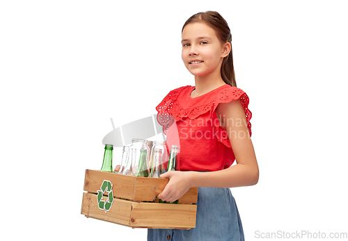 Image of smiling girl with wooden box sorting glass waste