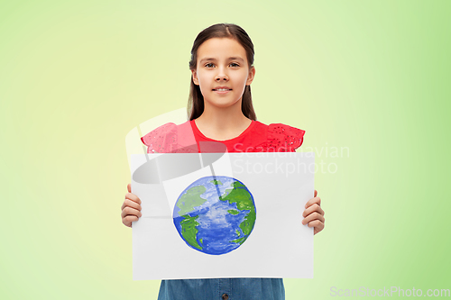 Image of smiling girl holding drawing of earth planet