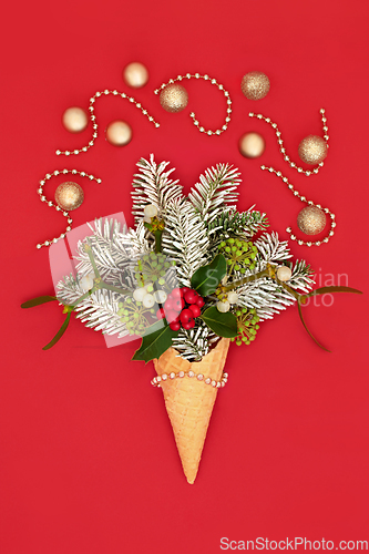 Image of Surreal Christmas Ice Cream Cone with  Flora and Gold Baubles