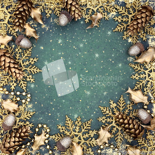 Image of Christmas Abstract Gold Snowflake and Tree Decorations Backgroun