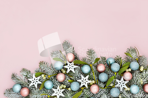 Image of Christmas Snowflake Fir and Tree Bauble Background