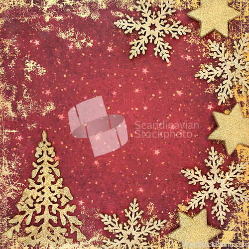 Image of Abstract Gold Christmas Tree Snowflake and Star Background Borde