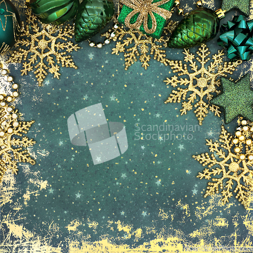 Image of Christmas Green Tree Decorations and Snowflake Background  