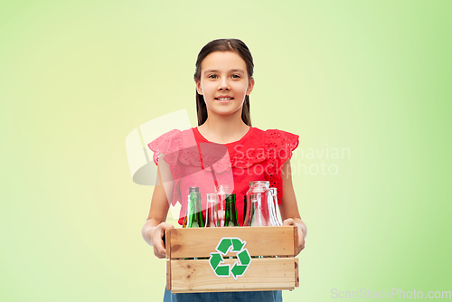 Image of smiling girl with wooden box sorting glass waste