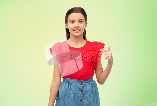 Image of happy smiling girl pointing finger to herself
