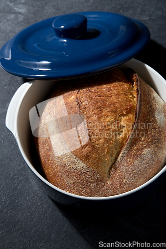 Image of homemade craft bread in ceramic baking dish