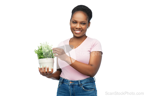 Image of happy smiling african woman holding flower in pot