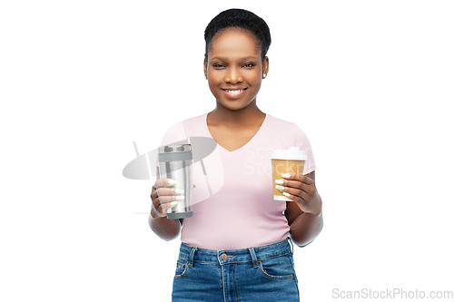 Image of woman with coffee cup and tumbler for hot drinks