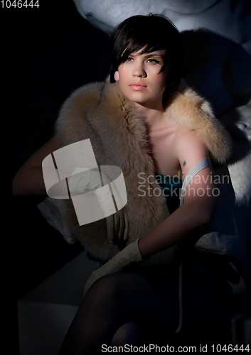 Image of Winter beauty in luxury. Fashion fur. Beautiful woman in luxury fur coat. Fashion model posing in eco-fur coat