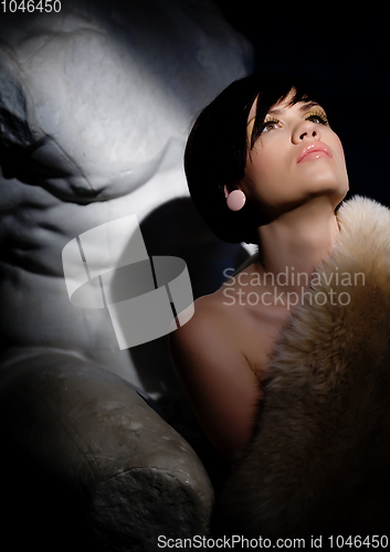 Image of Winter beauty in luxury. Fashion fur. Beautiful woman in luxury fur coat. Fashion model posing in eco-fur coat