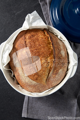 Image of homemade craft bread in ceramic baking dish