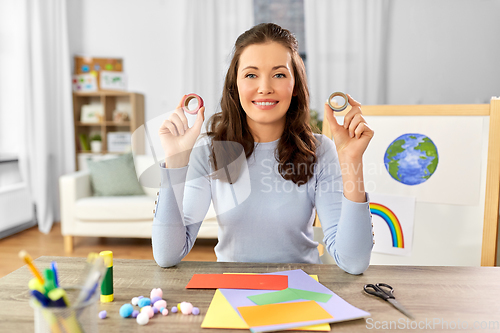 Image of teacher having online class of arts and crafts