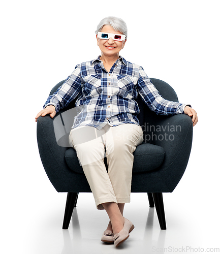 Image of smiling senior woman in 3d glasses watching movie