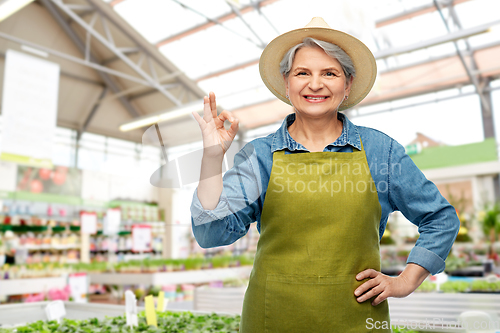 Image of senior woman showing ok gesture at garden store