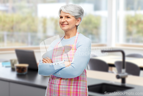 Image of portrait of smiling senior woman in apron at home