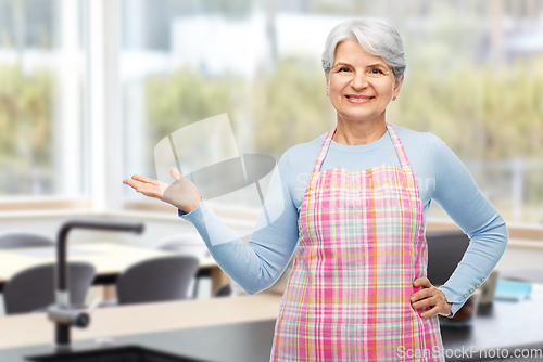 Image of portrait of smiling senior woman in apron at home